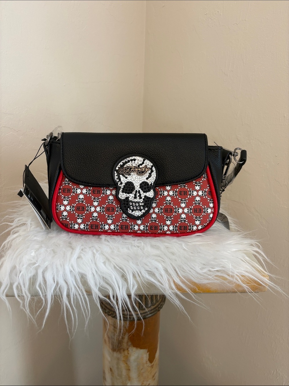 NWT Ed Hardy Skull Rhinestone Flap Crossbody Bag – Black / Red / White